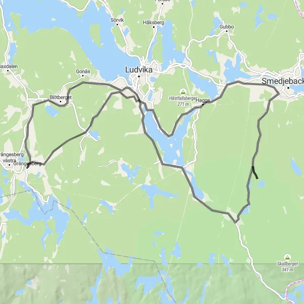Kartminiatyr av "Vägcykling till Klenshyttan från Grängesberg" cykelinspiration i Norra Mellansverige, Sweden. Genererad av Tarmacs.app cykelruttplanerare