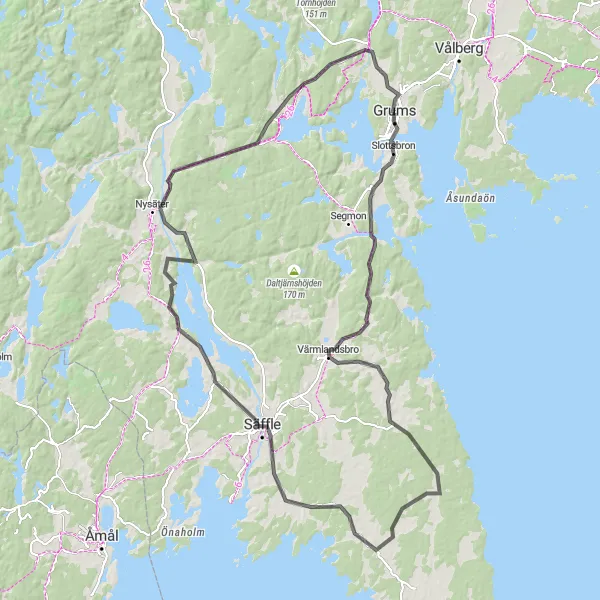 Kartminiatyr av "Slottsbron - Värmlandsbro Extended Loop" cykelinspiration i Norra Mellansverige, Sweden. Genererad av Tarmacs.app cykelruttplanerare
