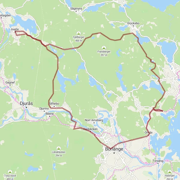 Kartminiatyr av "Insjön - Helgbo - Ornäs - Islingbyholen - Sifferbo - Insjön Grusvägscykelväg" cykelinspiration i Norra Mellansverige, Sweden. Genererad av Tarmacs.app cykelruttplanerare