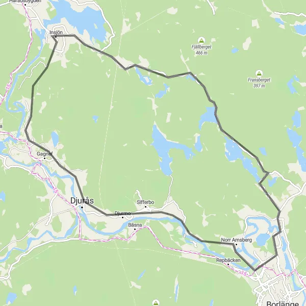 Kartminiatyr av "Helgbo till Insjön via Sifferbo" cykelinspiration i Norra Mellansverige, Sweden. Genererad av Tarmacs.app cykelruttplanerare