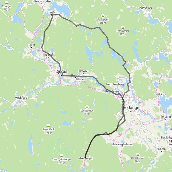 Map miniature of "Scenic Road Cycling: Insjön to Djurmo klack" cycling inspiration in Norra Mellansverige, Sweden. Generated by Tarmacs.app cycling route planner