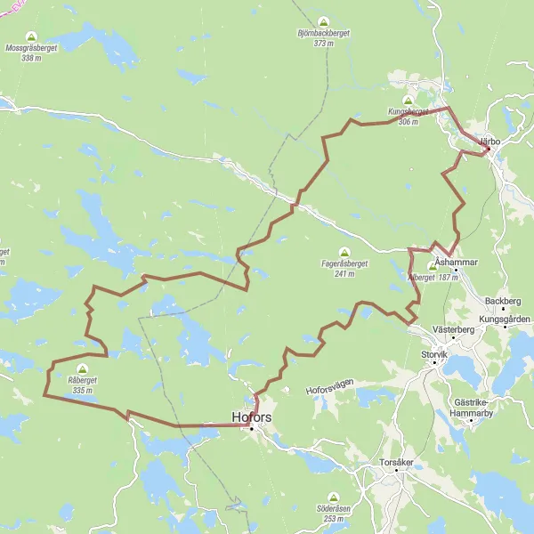 Map miniature of "Hofors - Råberget - Hinsåsen - Korsån - Kungsberget Gravel Route" cycling inspiration in Norra Mellansverige, Sweden. Generated by Tarmacs.app cycling route planner