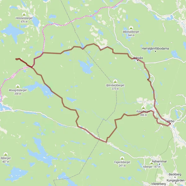 Map miniature of "Kungsberget - Vintjärn - Ryssjöklack - Verkamark - Jädraås Gravel Route" cycling inspiration in Norra Mellansverige, Sweden. Generated by Tarmacs.app cycling route planner