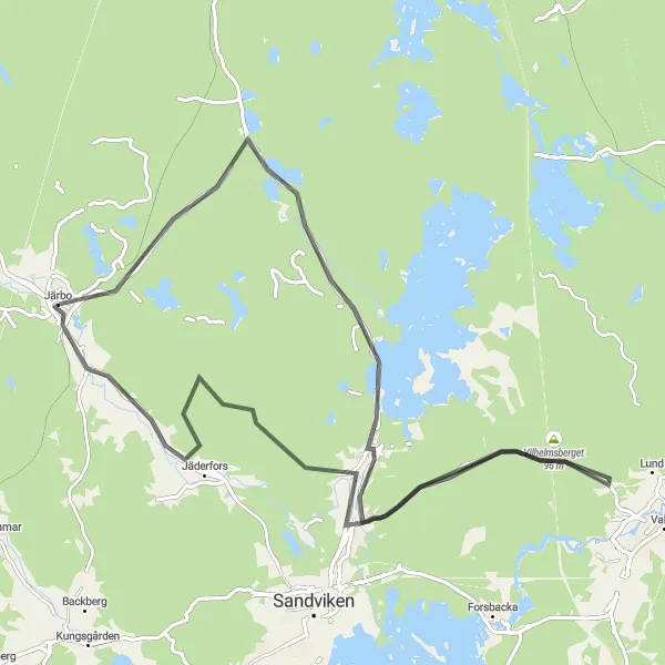 Map miniature of "Hilly Journey to Vilhelmsberget and Östanbyn" cycling inspiration in Norra Mellansverige, Sweden. Generated by Tarmacs.app cycling route planner