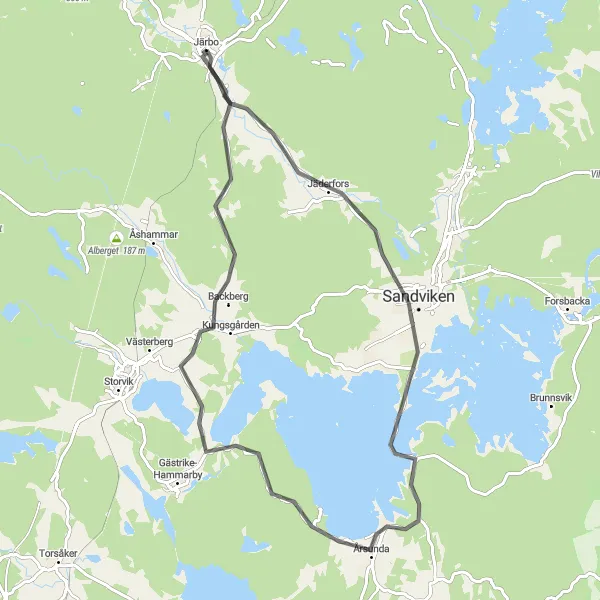 Kartminiatyr av "Natursköna landskap från Sandviken till Järbo" cykelinspiration i Norra Mellansverige, Sweden. Genererad av Tarmacs.app cykelruttplanerare