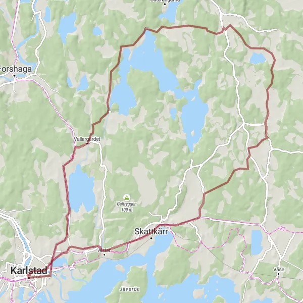 Kartminiatyr av "Grusvägarna runt Karlstad" cykelinspiration i Norra Mellansverige, Sweden. Genererad av Tarmacs.app cykelruttplanerare