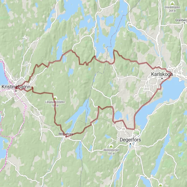 Map miniature of "Kristinehamn Gravel Adventure" cycling inspiration in Norra Mellansverige, Sweden. Generated by Tarmacs.app cycling route planner