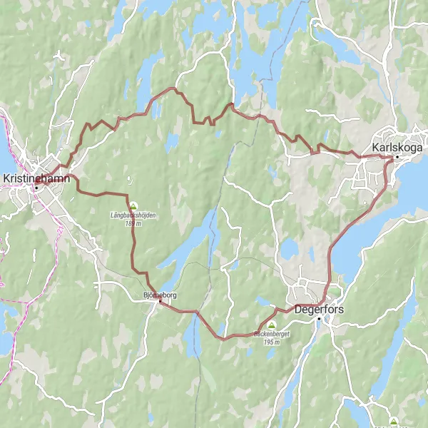 Map miniature of "Karlskoga and Degerfors Gravel Ride" cycling inspiration in Norra Mellansverige, Sweden. Generated by Tarmacs.app cycling route planner