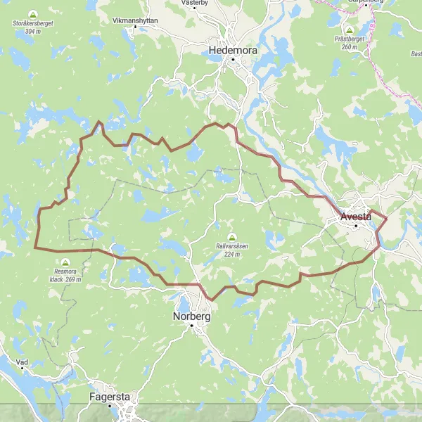 Kartminiatyr av "Äventyrlig grustur till Avesta" cykelinspiration i Norra Mellansverige, Sweden. Genererad av Tarmacs.app cykelruttplanerare