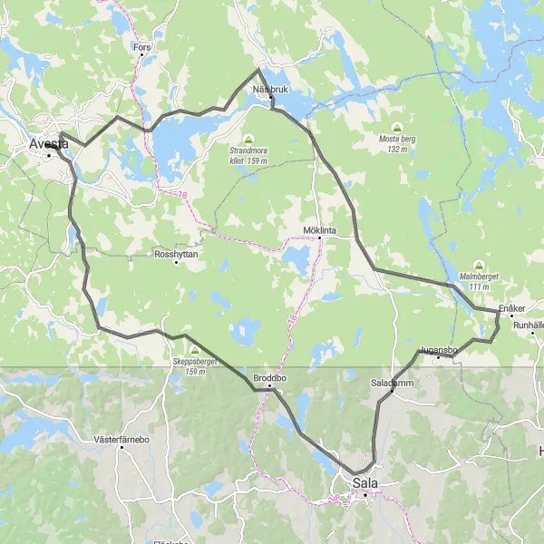 Kartminiatyr av "Historisk cykeltur genom Sala och Broddbo" cykelinspiration i Norra Mellansverige, Sweden. Genererad av Tarmacs.app cykelruttplanerare