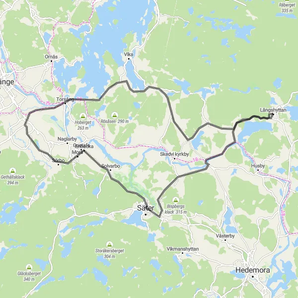 Map miniature of "Långshyttan - Rankhyttan Road Ride" cycling inspiration in Norra Mellansverige, Sweden. Generated by Tarmacs.app cycling route planner