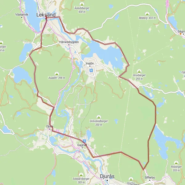 Map miniature of "Leksand Gravel Loop" cycling inspiration in Norra Mellansverige, Sweden. Generated by Tarmacs.app cycling route planner