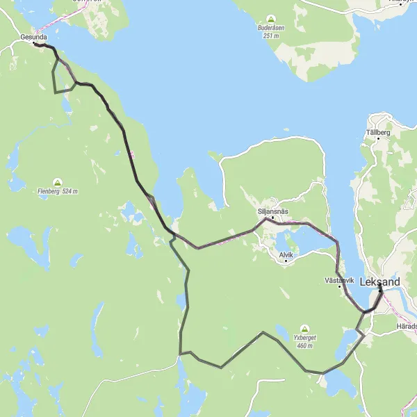 Map miniature of "Leksand - Lundbjörken - Siljansnäs - Västanvik" cycling inspiration in Norra Mellansverige, Sweden. Generated by Tarmacs.app cycling route planner