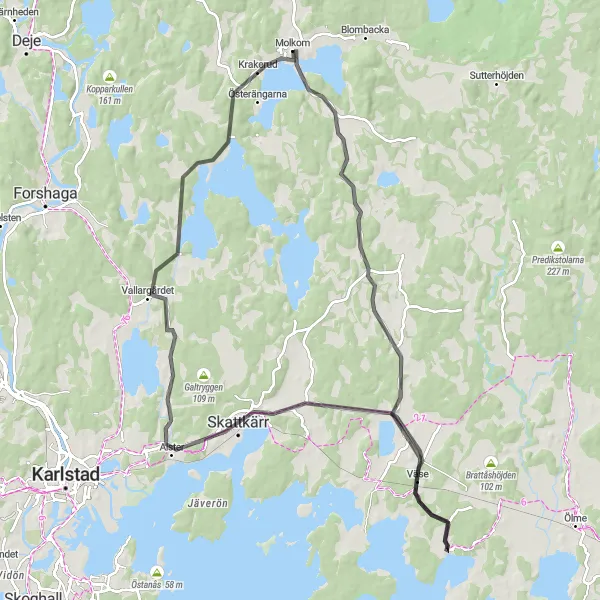Map miniature of "The Väse Loop" cycling inspiration in Norra Mellansverige, Sweden. Generated by Tarmacs.app cycling route planner