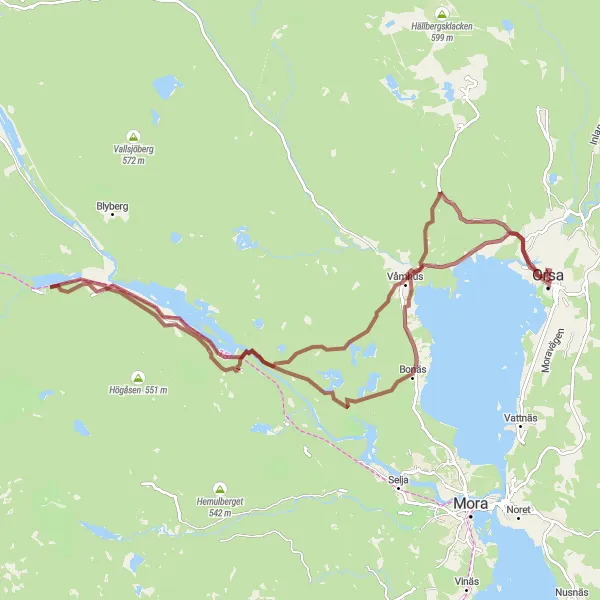 Kartminiatyr av "Orsa - Grusväg Äventyr" cykelinspiration i Norra Mellansverige, Sweden. Genererad av Tarmacs.app cykelruttplanerare