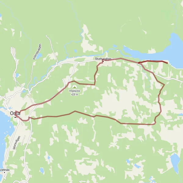 Kartminiatyr av "Grusväg via Högbacka och Skattungbyn" cykelinspiration i Norra Mellansverige, Sweden. Genererad av Tarmacs.app cykelruttplanerare