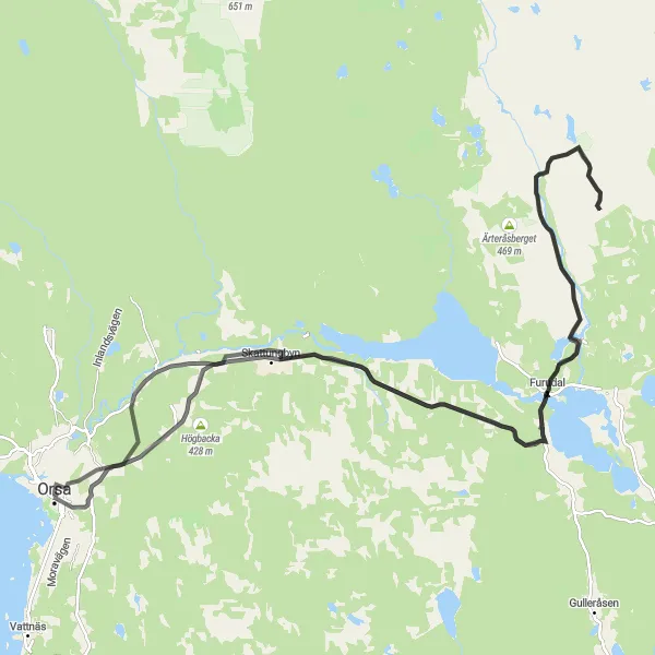 Map miniature of "Orsa Hills and Valleys Classic" cycling inspiration in Norra Mellansverige, Sweden. Generated by Tarmacs.app cycling route planner