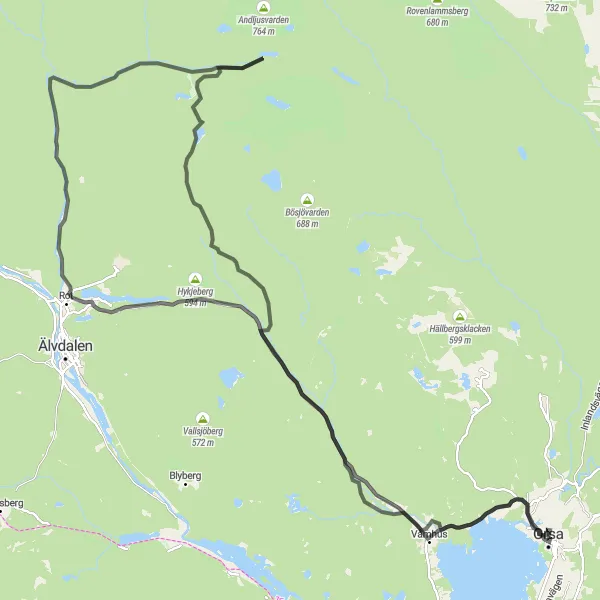 Kartminiatyr av "Orsa - Spännande Vägcykling" cykelinspiration i Norra Mellansverige, Sweden. Genererad av Tarmacs.app cykelruttplanerare
