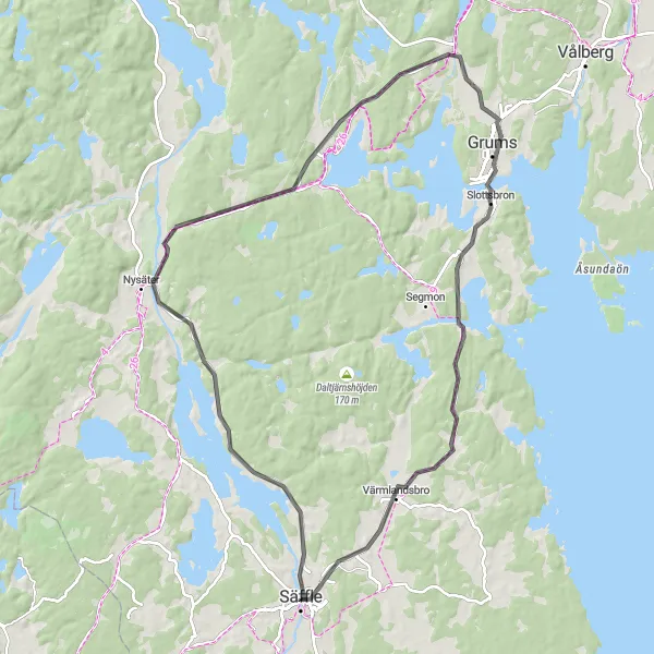 Map miniature of "Säffle to Slottsbron" cycling inspiration in Norra Mellansverige, Sweden. Generated by Tarmacs.app cycling route planner