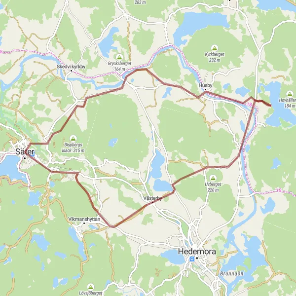 Map miniature of "Picturesque Gravel Route near Säter" cycling inspiration in Norra Mellansverige, Sweden. Generated by Tarmacs.app cycling route planner