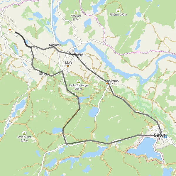 Map miniature of "Short Road Cycling Escape near Säter" cycling inspiration in Norra Mellansverige, Sweden. Generated by Tarmacs.app cycling route planner