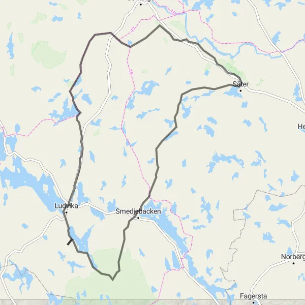 Map miniature of "Lake Circuit" cycling inspiration in Norra Mellansverige, Sweden. Generated by Tarmacs.app cycling route planner