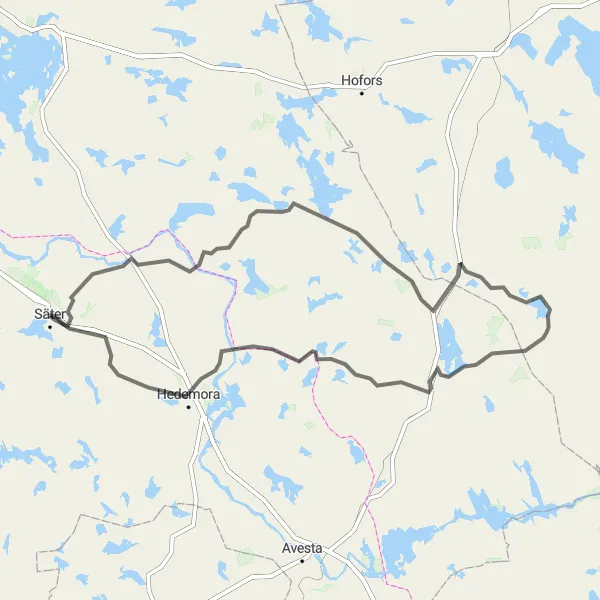 Kartminiatyr av "Krävande landsvägstur mot Hedemora" cykelinspiration i Norra Mellansverige, Sweden. Genererad av Tarmacs.app cykelruttplanerare