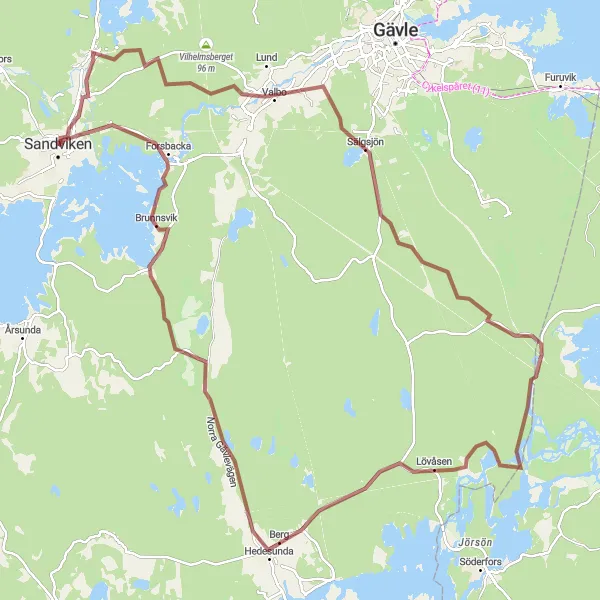 Map miniature of "Scenic Gravel Loop around Sandviken" cycling inspiration in Norra Mellansverige, Sweden. Generated by Tarmacs.app cycling route planner