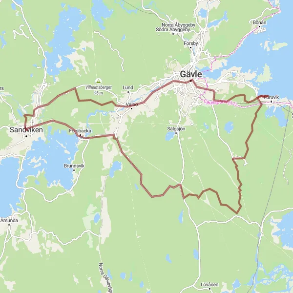 Map miniature of "Gävle to Sandviken Gravel Ride" cycling inspiration in Norra Mellansverige, Sweden. Generated by Tarmacs.app cycling route planner