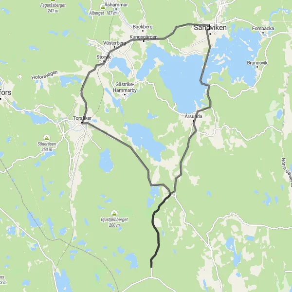 Map miniature of "Sandviken and Surroundings" cycling inspiration in Norra Mellansverige, Sweden. Generated by Tarmacs.app cycling route planner
