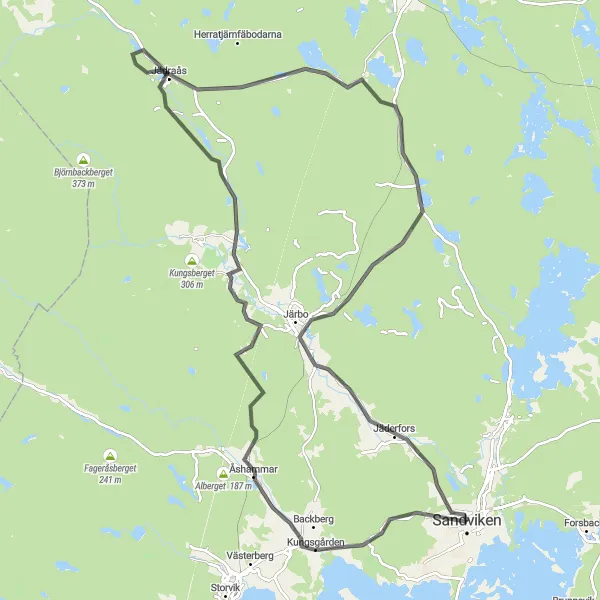 Kartminiatyr av "Åshammar till Järbo Road Loop" cykelinspiration i Norra Mellansverige, Sweden. Genererad av Tarmacs.app cykelruttplanerare