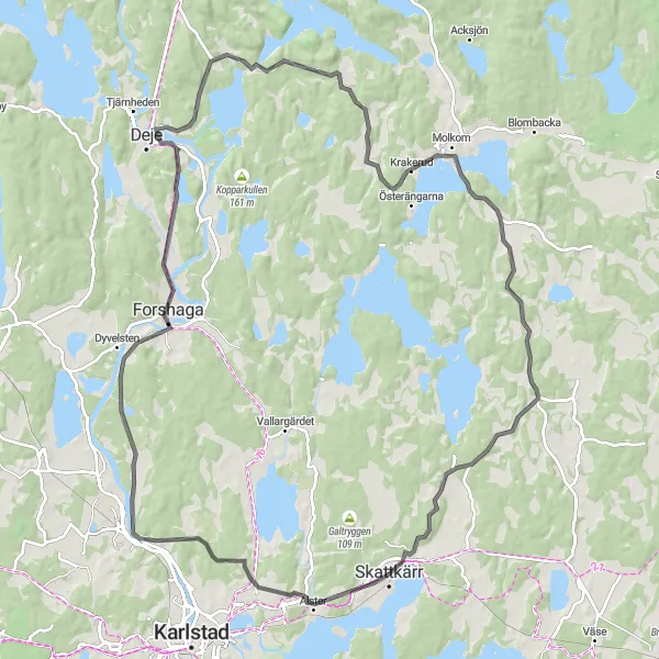 Kartminiatyr av "Landsväg genom Dyvelsten och Molkom" cykelinspiration i Norra Mellansverige, Sweden. Genererad av Tarmacs.app cykelruttplanerare