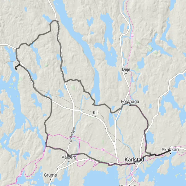 Kartminiatyr av "Västerås till Karlstad via Skattkärr" cykelinspiration i Norra Mellansverige, Sweden. Genererad av Tarmacs.app cykelruttplanerare