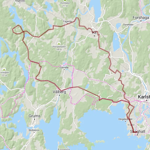 Map miniature of "Skoghall - Vålberg Gravel Adventure" cycling inspiration in Norra Mellansverige, Sweden. Generated by Tarmacs.app cycling route planner