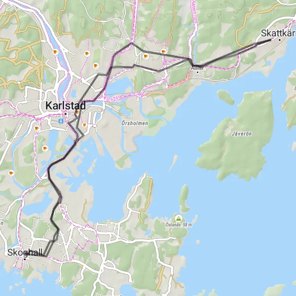 Map miniature of "Skoghall Loop via Herrhagen and Alster" cycling inspiration in Norra Mellansverige, Sweden. Generated by Tarmacs.app cycling route planner