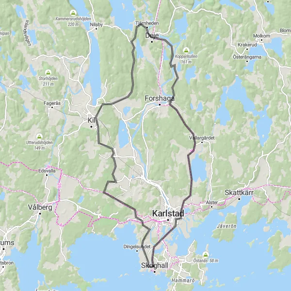 Map miniature of "Skoghall - Orrholmen Scenic Road Trip" cycling inspiration in Norra Mellansverige, Sweden. Generated by Tarmacs.app cycling route planner