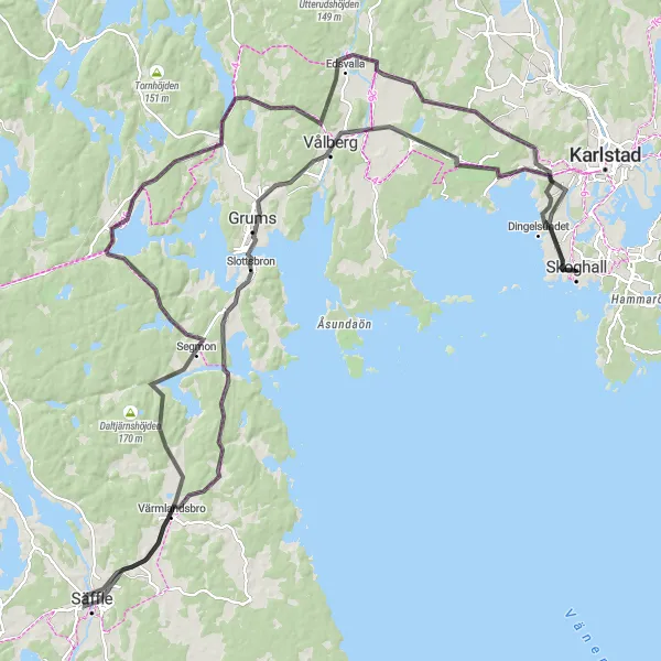 Map miniature of "Skoghall - Säffle Scenic Road Tour" cycling inspiration in Norra Mellansverige, Sweden. Generated by Tarmacs.app cycling route planner