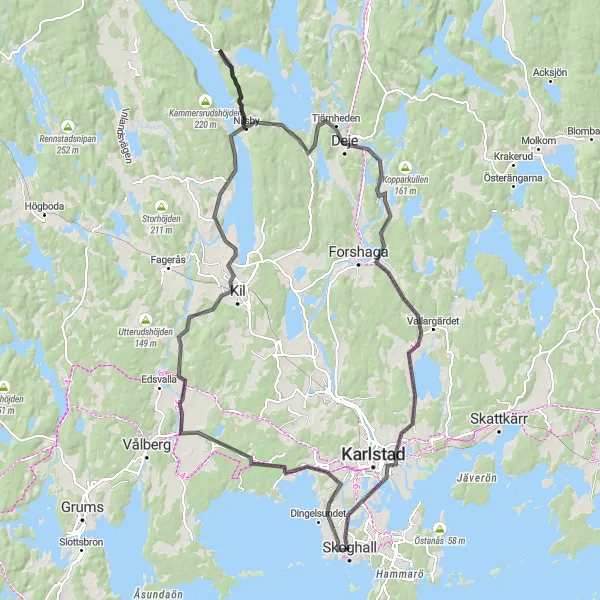 Map miniature of "Skoghall - Orrholmen Loop" cycling inspiration in Norra Mellansverige, Sweden. Generated by Tarmacs.app cycling route planner