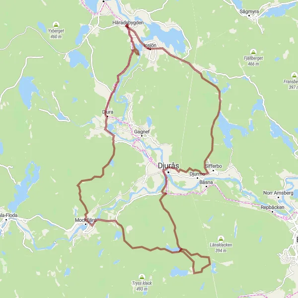 Map miniature of "Smedby - Insjön - Djurmo - Mockfjärd - Djura - Gärde Loop" cycling inspiration in Norra Mellansverige, Sweden. Generated by Tarmacs.app cycling route planner