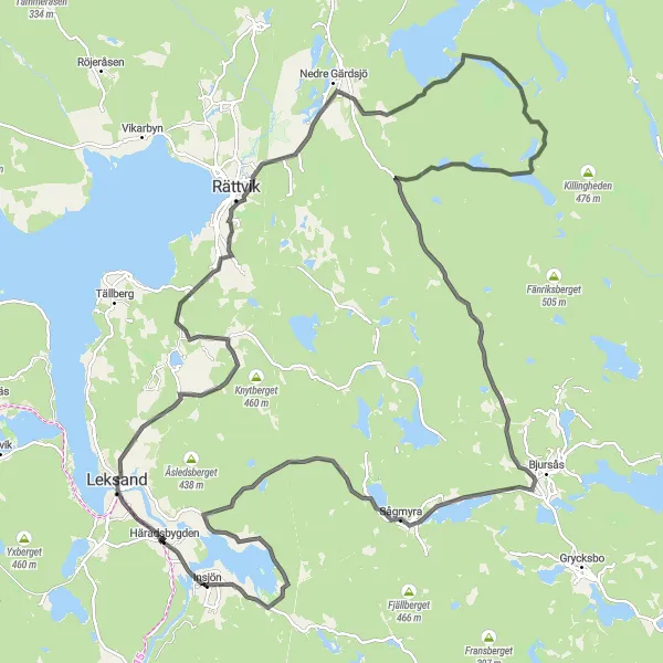 Kartminiatyr av "Smedby - Leksand - Vidablick - Högberget - Sågmyra - Västra Rönnäs - Insjön" cykelinspiration i Norra Mellansverige, Sweden. Genererad av Tarmacs.app cykelruttplanerare