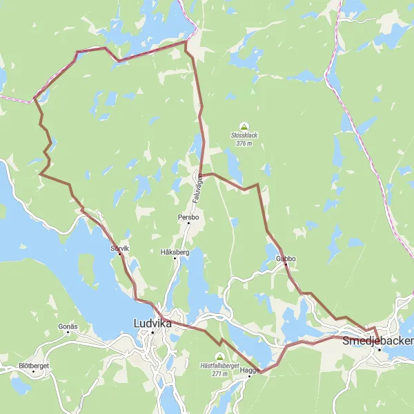 Map miniature of "Smedjebacken Gravel Adventure" cycling inspiration in Norra Mellansverige, Sweden. Generated by Tarmacs.app cycling route planner