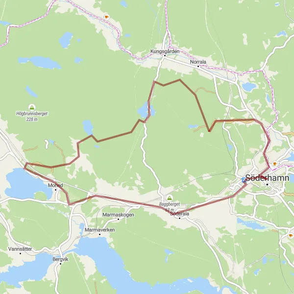 Map miniature of "Söderhamn Gravel Adventure" cycling inspiration in Norra Mellansverige, Sweden. Generated by Tarmacs.app cycling route planner