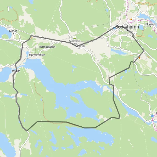 Map miniature of "Söderhamn to Oskarsborg Loop" cycling inspiration in Norra Mellansverige, Sweden. Generated by Tarmacs.app cycling route planner