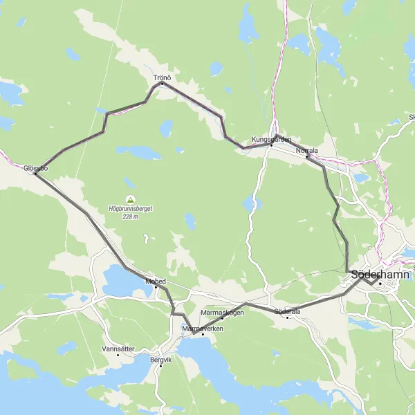 Map miniature of "Söderhamn to Väster Loop" cycling inspiration in Norra Mellansverige, Sweden. Generated by Tarmacs.app cycling route planner