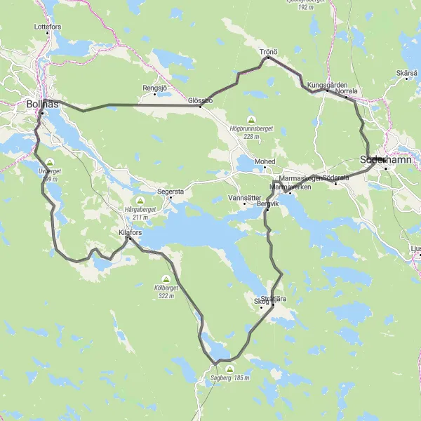 Map miniature of "Söderhamn to Norrala Loop" cycling inspiration in Norra Mellansverige, Sweden. Generated by Tarmacs.app cycling route planner