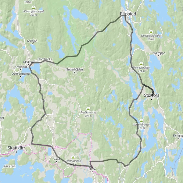 Map miniature of "Storfors Dam Loop" cycling inspiration in Norra Mellansverige, Sweden. Generated by Tarmacs.app cycling route planner