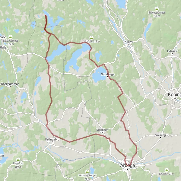 Kartminiatyr av "Grusvägar runt Arboga" cykelinspiration i Östra Mellansverige, Sweden. Genererad av Tarmacs.app cykelruttplanerare