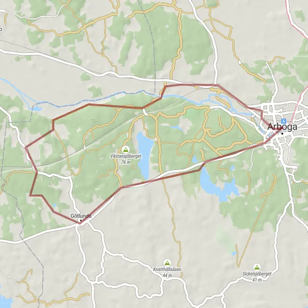 Map miniature of "Arboga to Jädersby Gravel Route" cycling inspiration in Östra Mellansverige, Sweden. Generated by Tarmacs.app cycling route planner