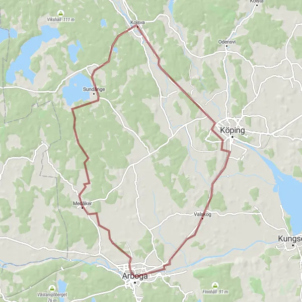 Map miniature of "Arboga to Kolsva Gravel Route via Valskog" cycling inspiration in Östra Mellansverige, Sweden. Generated by Tarmacs.app cycling route planner