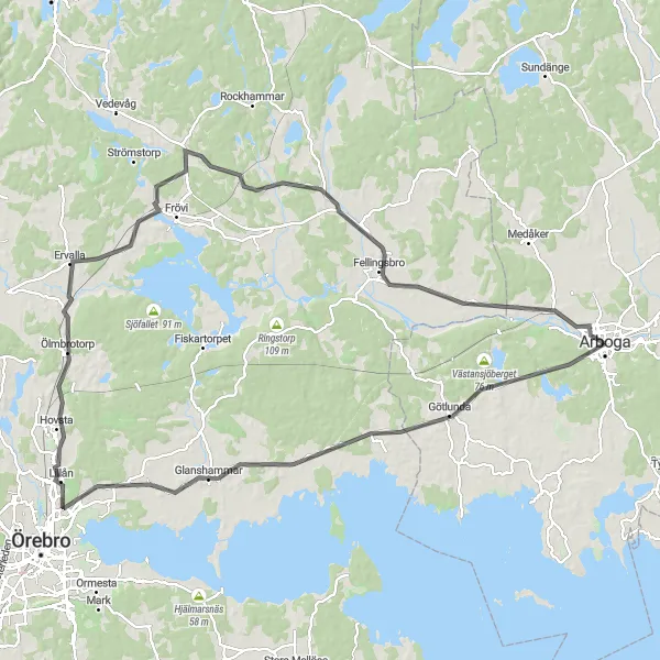 Map miniature of "Arboga to Fellingsbro Road Route" cycling inspiration in Östra Mellansverige, Sweden. Generated by Tarmacs.app cycling route planner